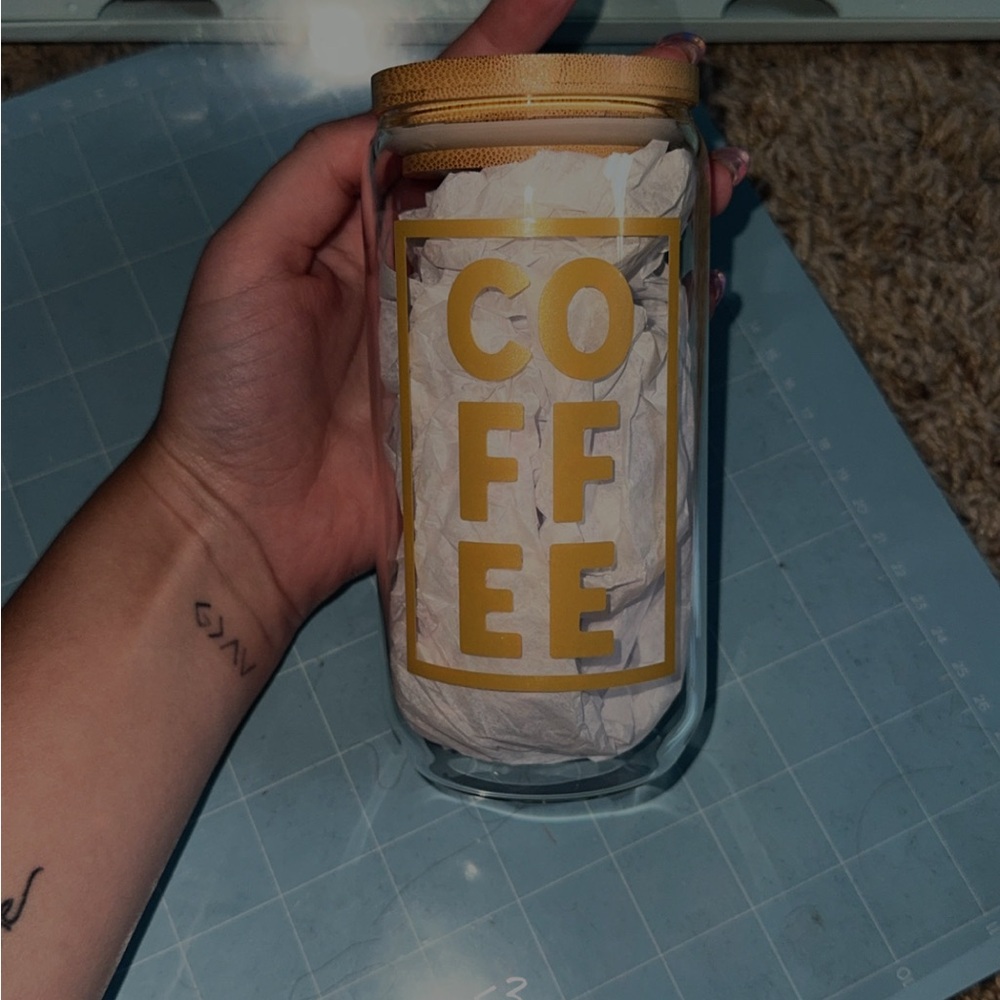 Coffee 16oz Drinking Glass w/ Bamboo Lid and Glass drinking straw